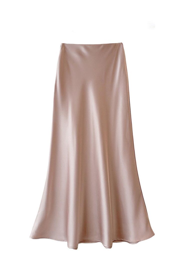French Elegant Satin Wrap Skirt With Zipper For Womens Office And Formal Wear