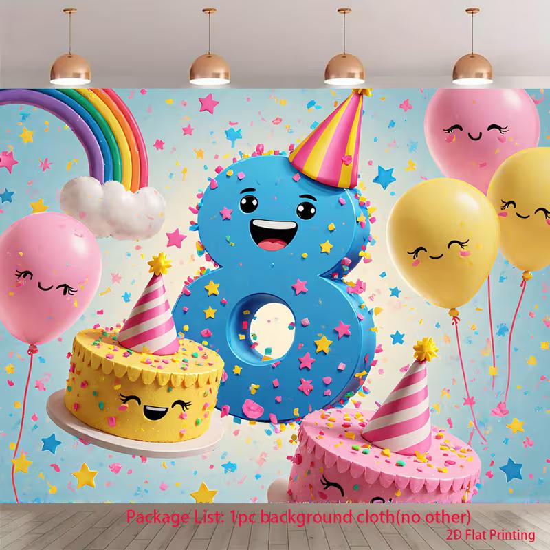 

2D 8th Birthday Backdrop for Girls, Cute Cartoon Number 8 with Smiling Cakes and Balloons 47.2x31.5inch/120*80cm