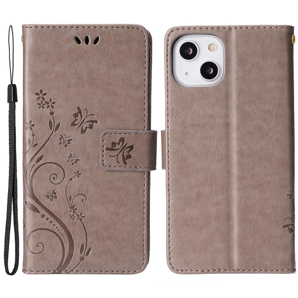

For iPhone 15 Imprinted Butterflies Mobile Phone Stand Case PU Leather Wallet Shell with Strap Grey