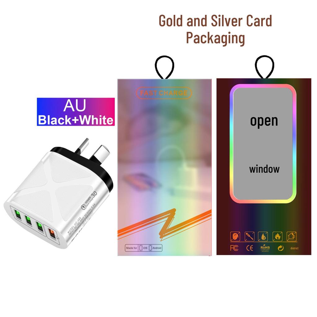 4-Port USB Fast Charger 5V/9V/12V QC3.0, European/American/British/Australian Standards, New Model
