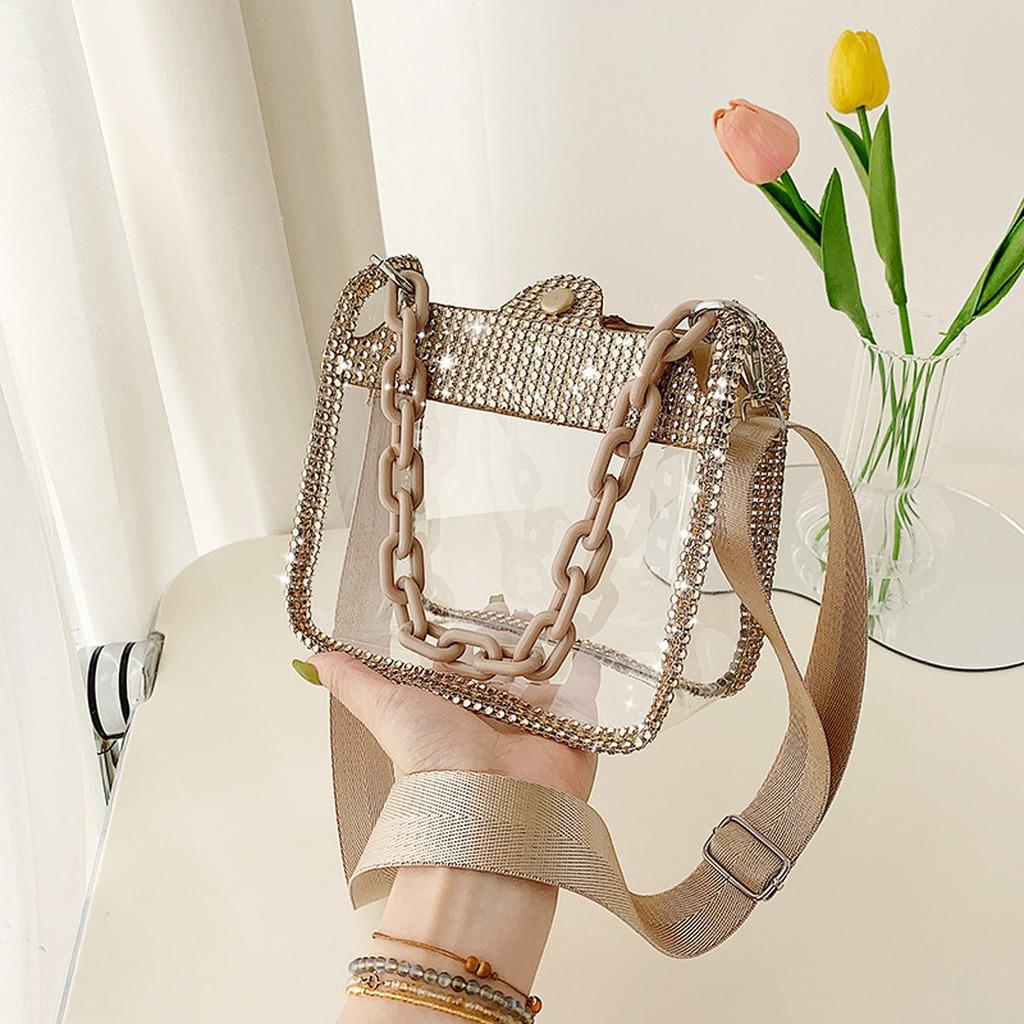 Rhinestone Decor Transparent PVC Women's Square Shoulder Bag Fashion Chain Crossbody Handbag for Daily Use
