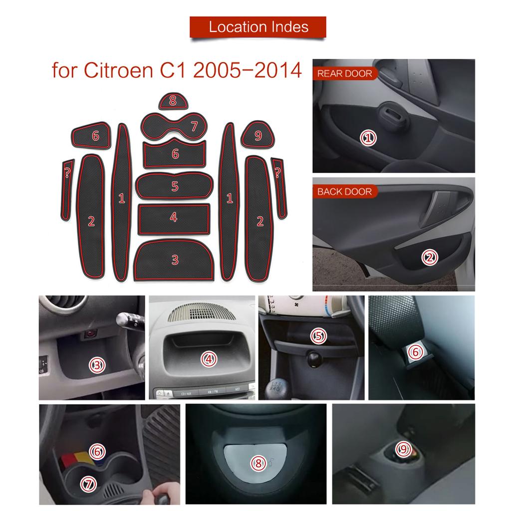SMABEE für Citroen C1 2005–2014, Anti-Rutsch-Torschlitz-Bechermatte, Türrillenpolster, Innenzubehör, rutschfeste Matten, Untersetzer