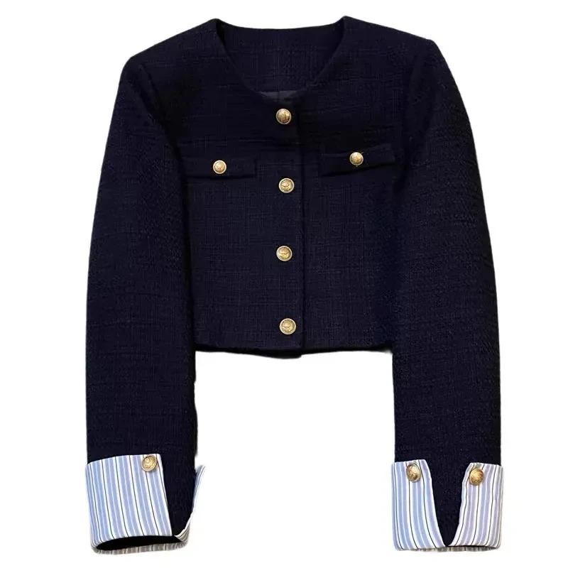 Small Fragrant Style Suit Jacket Women Spring Autumn Round Neck French Fashion Splicing Design Short