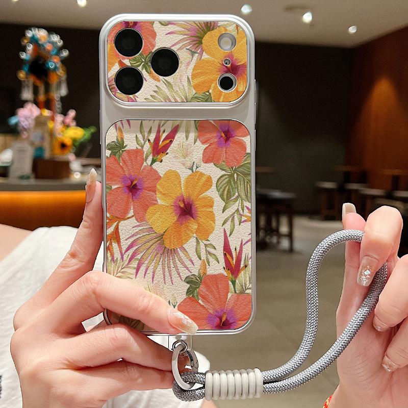 Oil Painting Floral Leather Lanyard Case For iPhone 18 Pro Max Hybrid TPU+PU Anti-skid Soft Cover For iPhone 17 16 15 14 13 Pro Max
