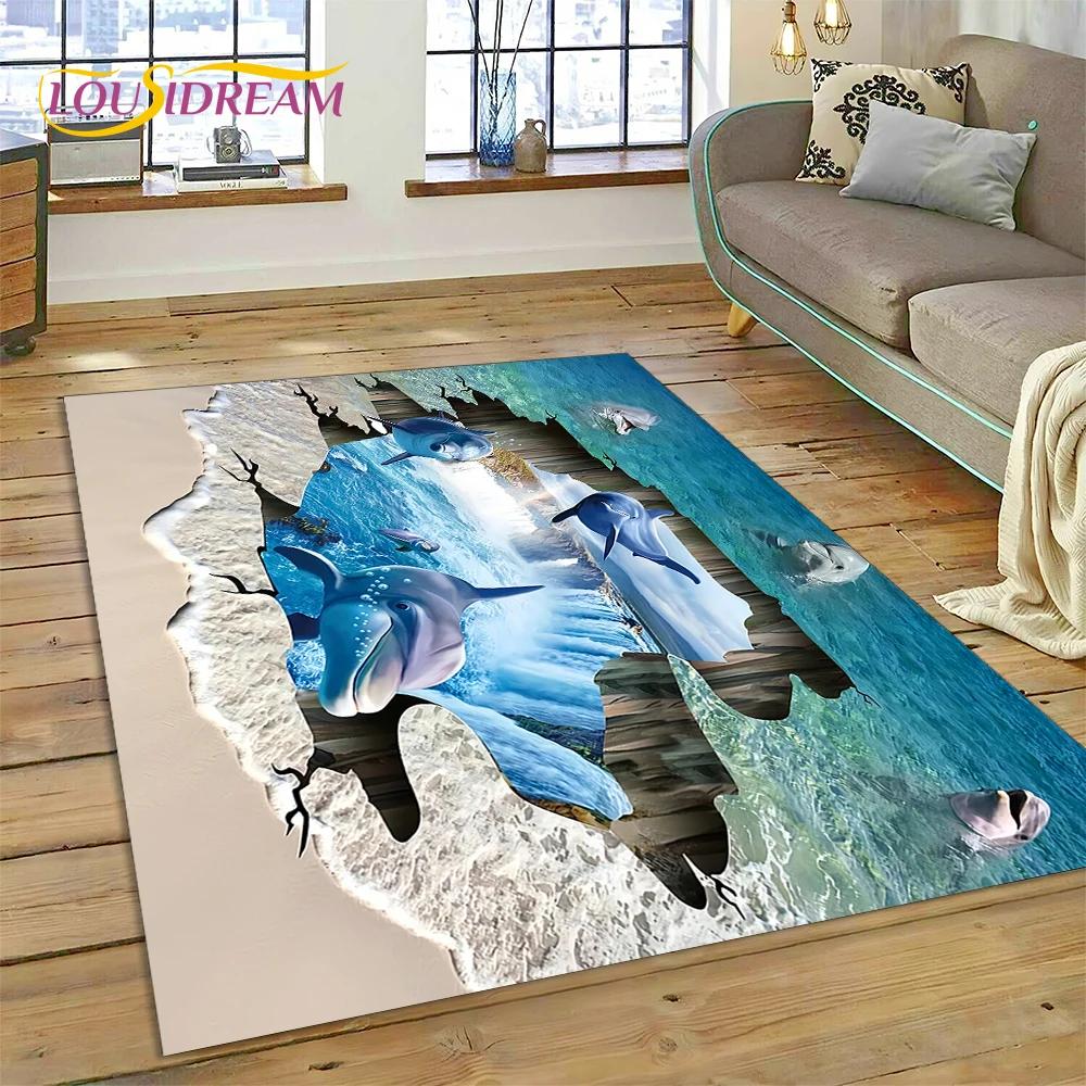 3D Illusion Underwater World Seabed Shark Dolphin Cartoon Carpet Rug for Bedroom Living Room Sofa Decoration,Kid Decor Floor Mat