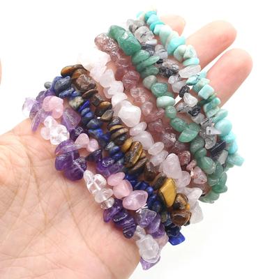 Conjunto de 3 peças 18cm Pedra Natural Cristal Ágata Olho de Tigre Quartzo Ametista Pedra Britada Colorida Pulseira Elástica Acessórios de Joalheria