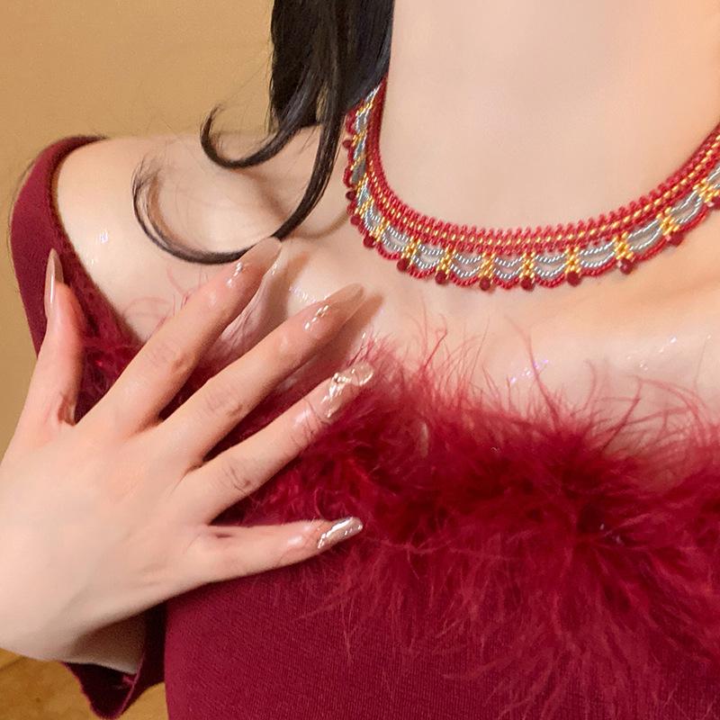 French Resort Style Stainless Steel Beaded Necklace with Glass Beads - Light Luxury Niche Design