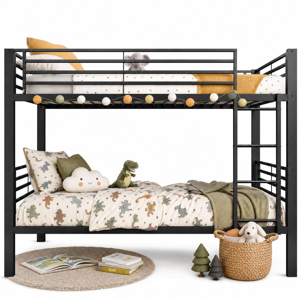 Metal Bunk Bed 90x200 Cm, Load Capacity Up To 350kg (150/200kg), Convertible To 2 Single Beds, Noise-free, Slatted Frame, Ladder Left/right, Black