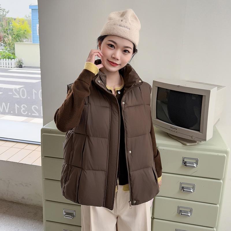 New autumn and winter solid color zipper stand-up collar short cotton vest small man wearing thin student vest jacket Cang