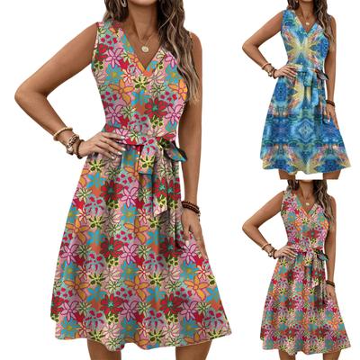 Women's Spring And Summer Casual V-Neck Sleeveless Waist Floral Print Midi Dress