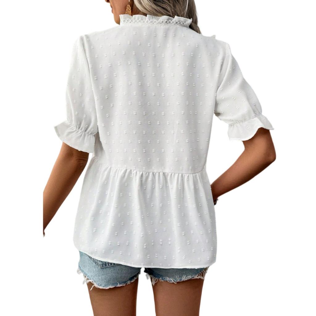 Womens Summer Casual Loose Blouses V-Neck Puff Sleeve Shirt