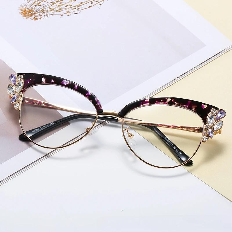Fashion Cat Eye Glasses Frame Women Trendy Crystal Shiny Non-prescription Original Brand Design Eyewear Multi Color