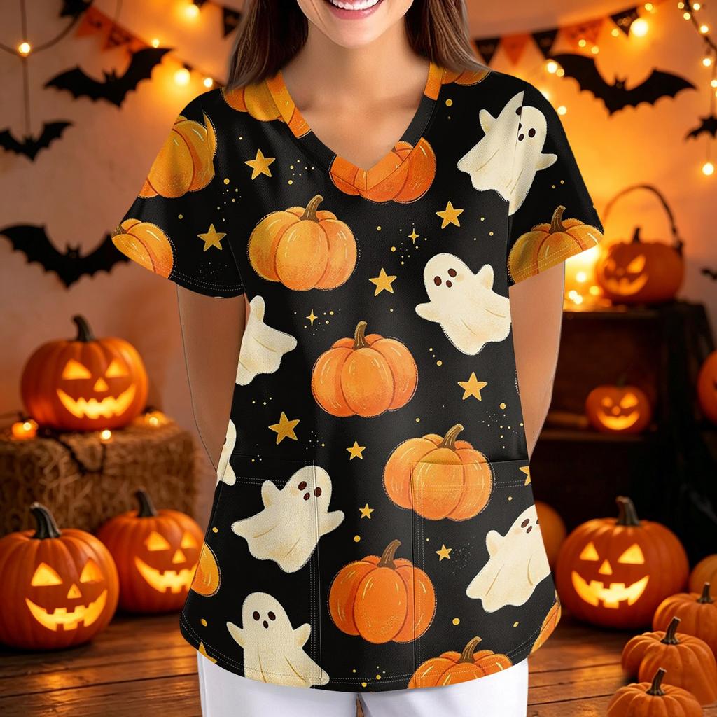 Women Halloween Printed V Neck Loose Fit Short Sleeve Scrub Top with Pockets Soft Fabric Comfortable Shirt