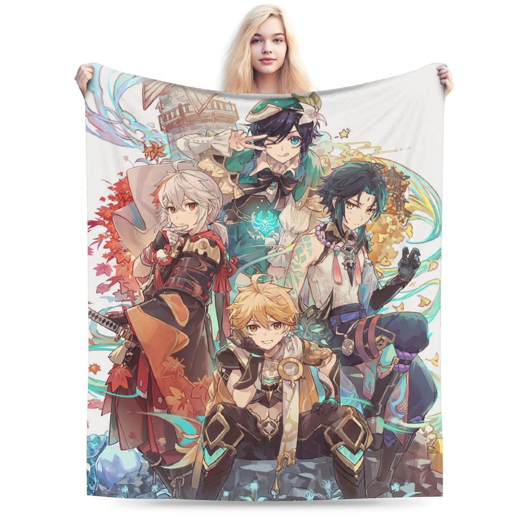 Genshin Impact Venti Blankets Velvet Summer Air Conditioning Barbatos Anime Multi-function Warm Throw Blanket for Bed Car Quilt