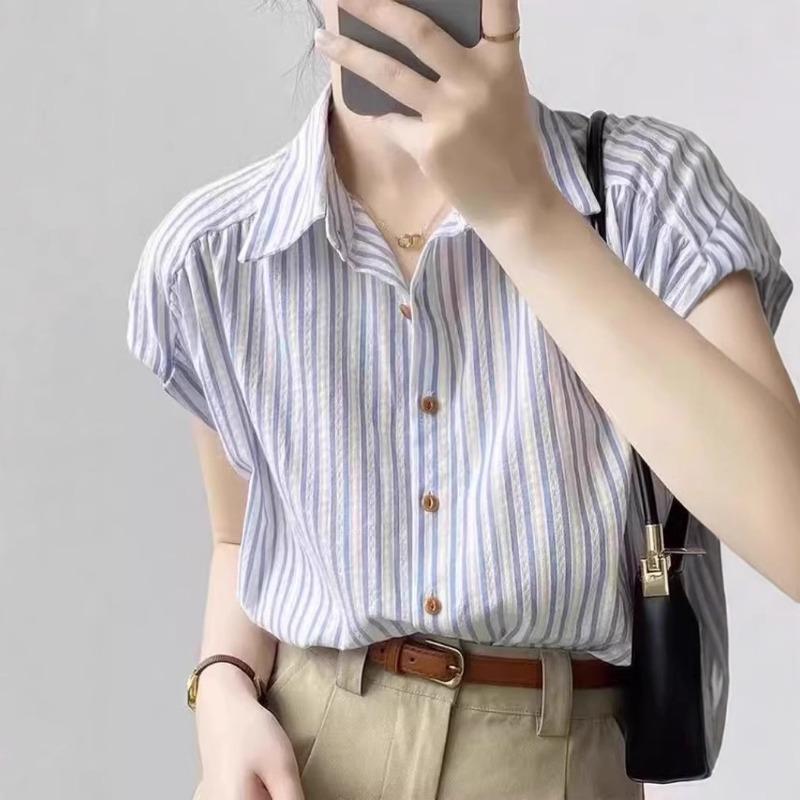 Summer New Women's Small Flying Sleeve Striped Shirt High-end Small Fresh Loose Shirt