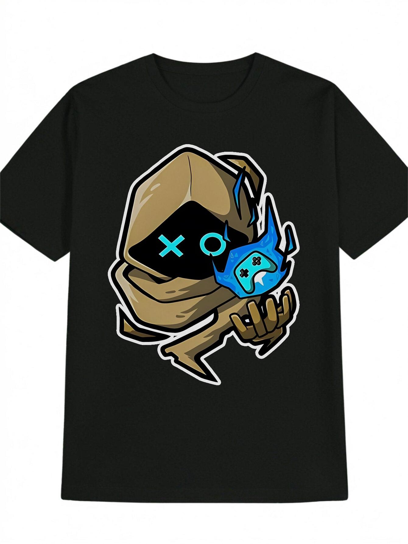 Casual Graphic T-shirt - Brown Hooded Cloak with Black Mask & Blue Eye Design M