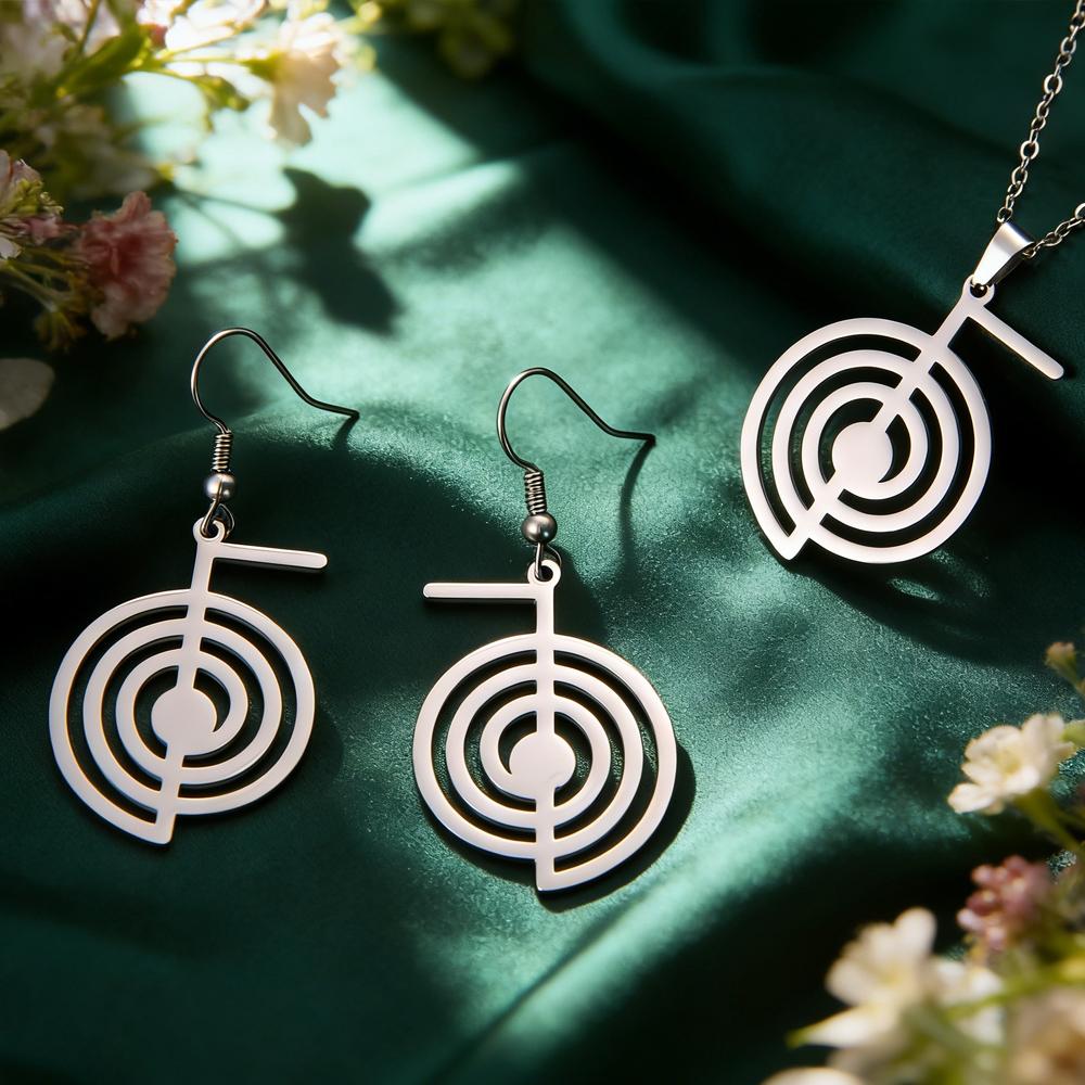 Dawapara Símbolo Reiki Cho Ku Rei Espiritual Conjunto de Joyas de Collar y Pendientes Amuleto de Sanación Geometría Sagrada Joyería de Acero Inoxidable