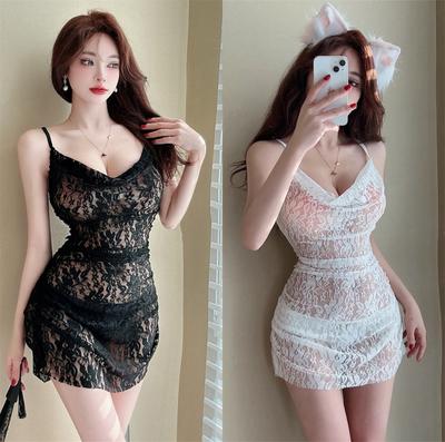 Sexy Low-cut V-neck Lace Splicing Suspender Night Main Store Women's Clothing Pure Desire Spice Girl Waist Slim-fit Hip-wrapped Dress