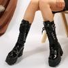 2025 New Punk Motorcycle Boots Women Patent Leather Wedges Platform Mid Calf Boots Woman Lace-Up Chunky Heel Gothic Botas Mujer