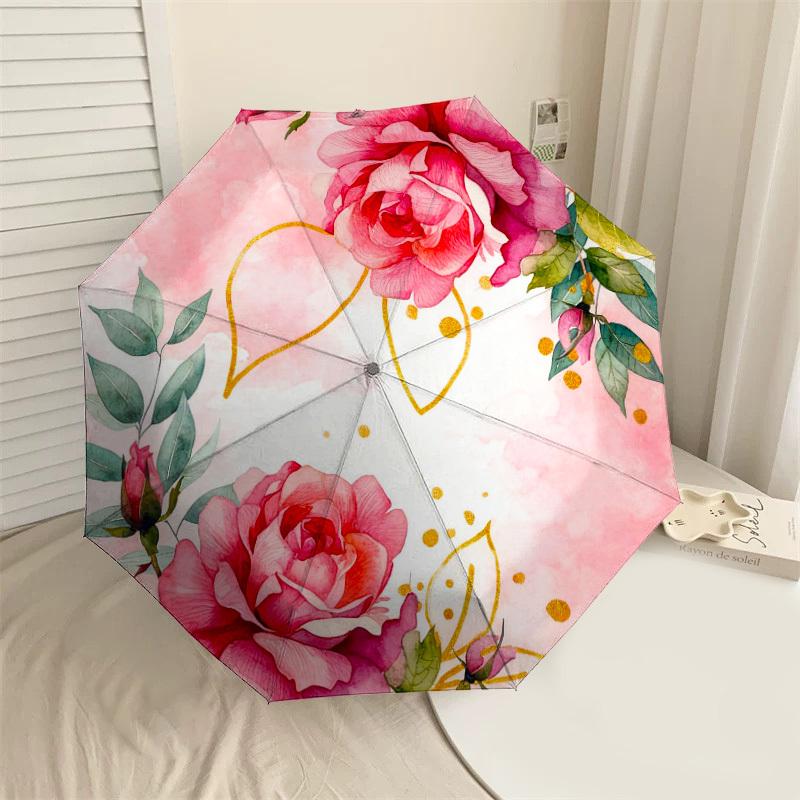 1pc Rose Floral Automatic Folding Umbrella, Heavy Duty 8 Rib Iron Frame,  Suitable for Travel, Daily Use, Birthday, Decor Gift m0104041