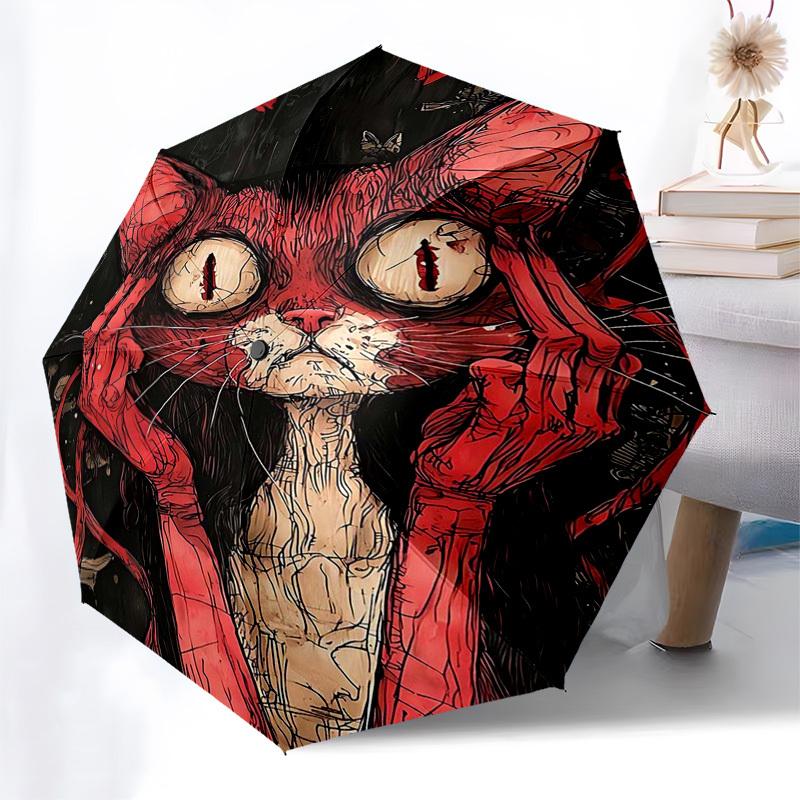 

1pc Red Cat Automatic Folding Umbrella with Spider Web Design, Portable 3-Fold 8-Iron Frame Outdoor Umbrella, Perfect Gift for Fans, Travelers, Daily