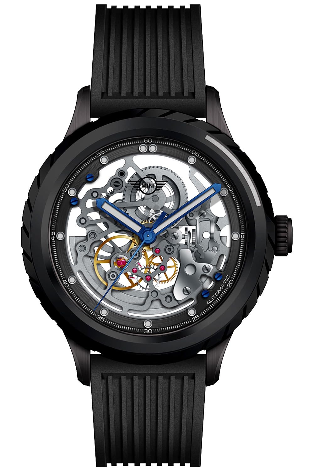 

MINI Automatic Watch Black 44mm Skeleton Automatic Mechanical Watch Silicone Rubber Strap Mini Cooper MA-2 Double-Sided [Regular Import] (Black)