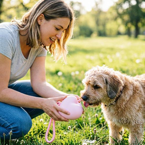 2-in-1 Dog Water Bottle, Portable Pet Water Bottle with Bowl, 10oz Stainless Steel Heart Dog Water Ball, Dog Water Dispenser for Small Dogs Puppies