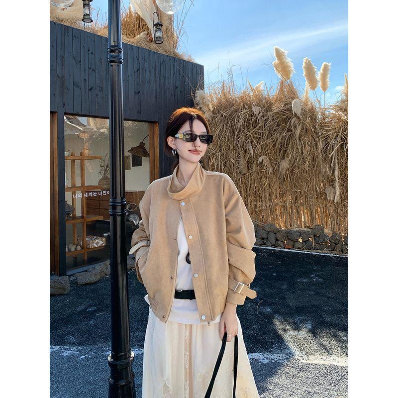 

Kumikumi High Sense Retro Camel Stand Collar Long sleeve Outerwear Women Autumn Chic Slimming Versatile Jacket Top Camel Outwear L