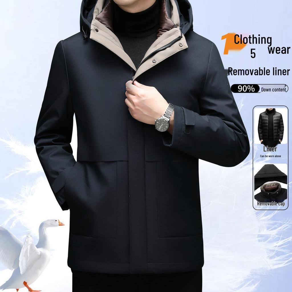 Men's Fashionable Hooded Winter Jacket with Detachable Liner - 90% Duck Down, Cold-Resistant, Ideal for Middle-Aged