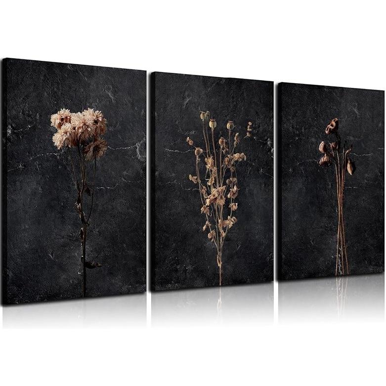 3pcs Dark Flower Canvas Wall Art Moody Dried Wildflower Posters Pictures Nature Wilderness Botanical Minimalist Black Wildflowers Wall Decor for 12x16inx3pcs