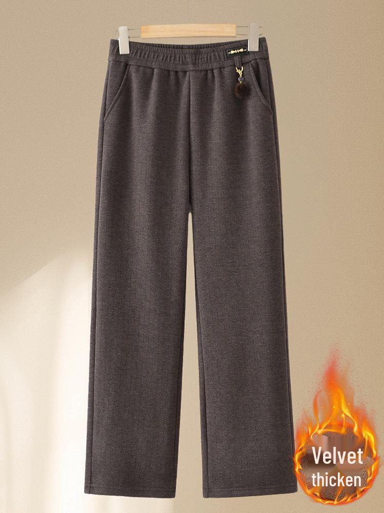 Mom’s Fleece-Lined Wool Pants - Warm, Thickened Flannel for Elderly, Straight-Leg Style, Perfect for Autumn & Winter