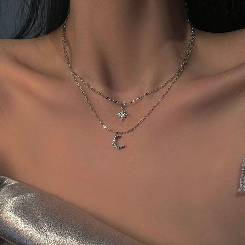 Star and Moon Double Necklace Women's 2025 New Temperament Premium Muse Fan Simple Versatile Clavicle Chain Necklace