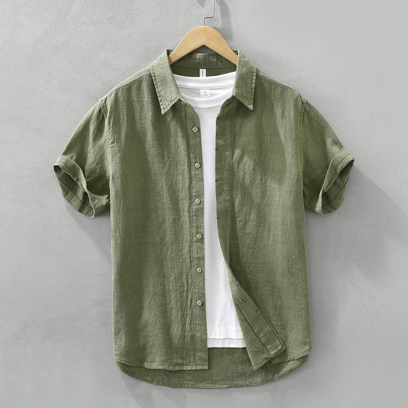 Summer Cotton Linen Short Sleeve Retro Casual Shirt with Turn-Down Collar