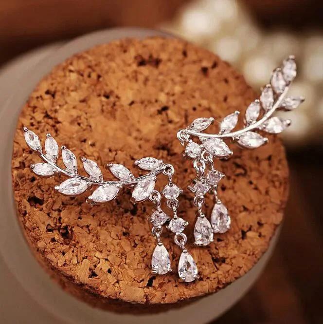 Korean Earrings Sparkling Zirconia 925 Silver Needle Leaf Tassel Water Drop Earrings Women's Fashion Summer Fresh Accessories