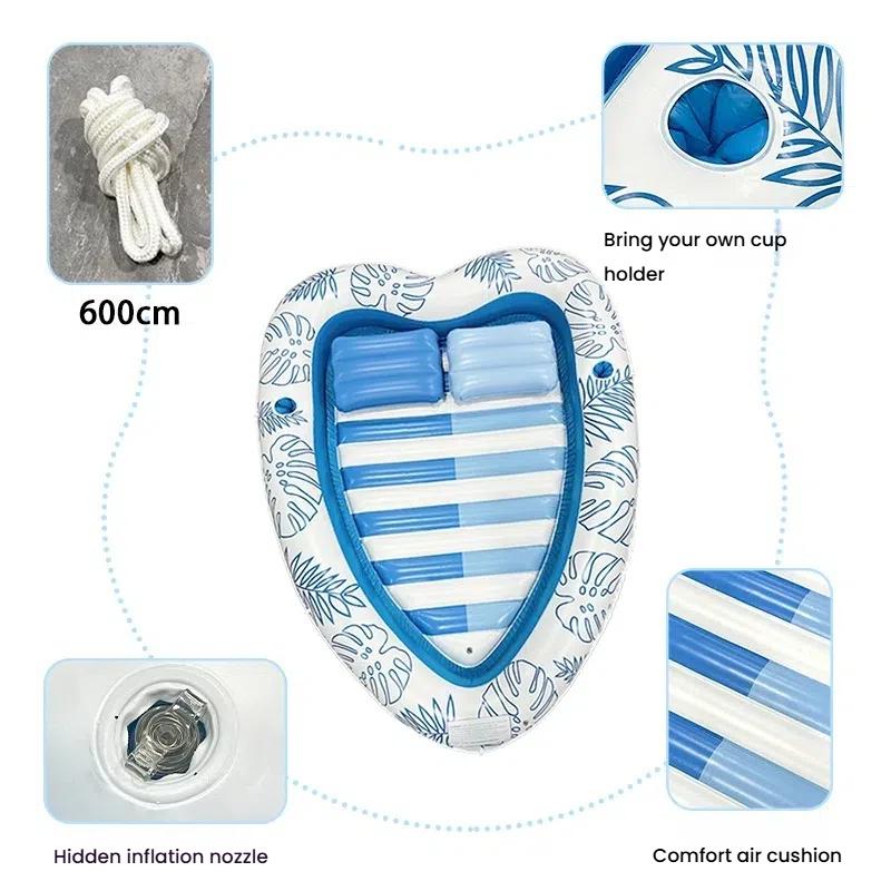 Outdoor Heart Shaped Inflatable Pool Float Air Mattress Lounger Chair with Pillow Swimming Cushion for Adults Kids Summer Relax