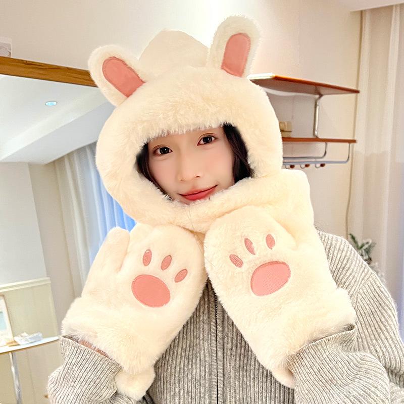 Women's Cozy Fox Ear Plush Hat with Integrated Scarf - Warm, Soft Lei Feng Design for Autumn and Winter. Perfect Ear Protection for Students.