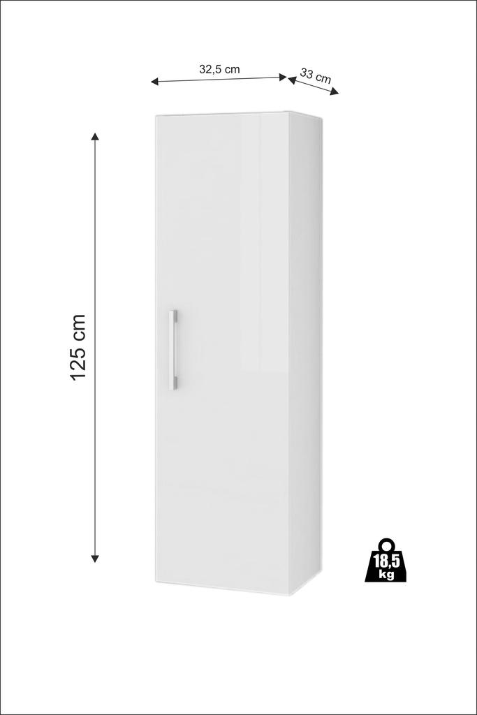 Wall-hung bathroom column, white gloss, 125x33cm, soft-close Pinia