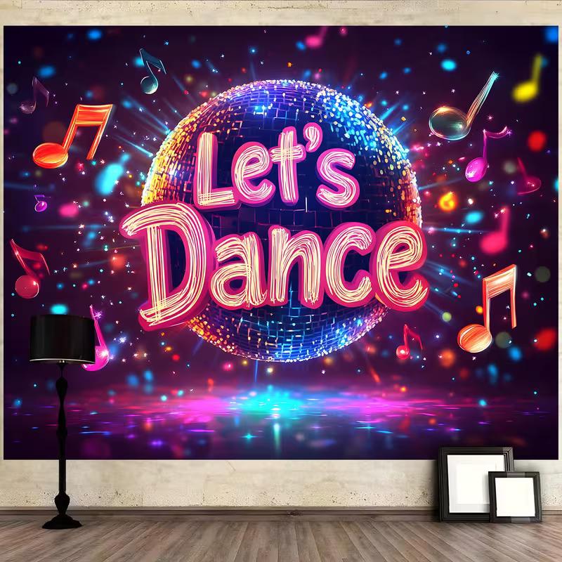 Vibrant Disco Dance Party Backdrop with Music Notes for Photo Booth