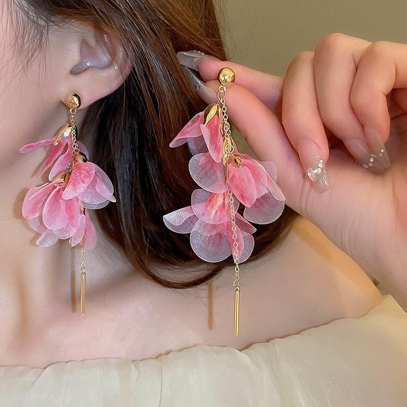 Silver Needle Chiffon Flower Tassel Earrings, Sweet Mori Style, Dopamine Trend, Versatile Women’s Earrings