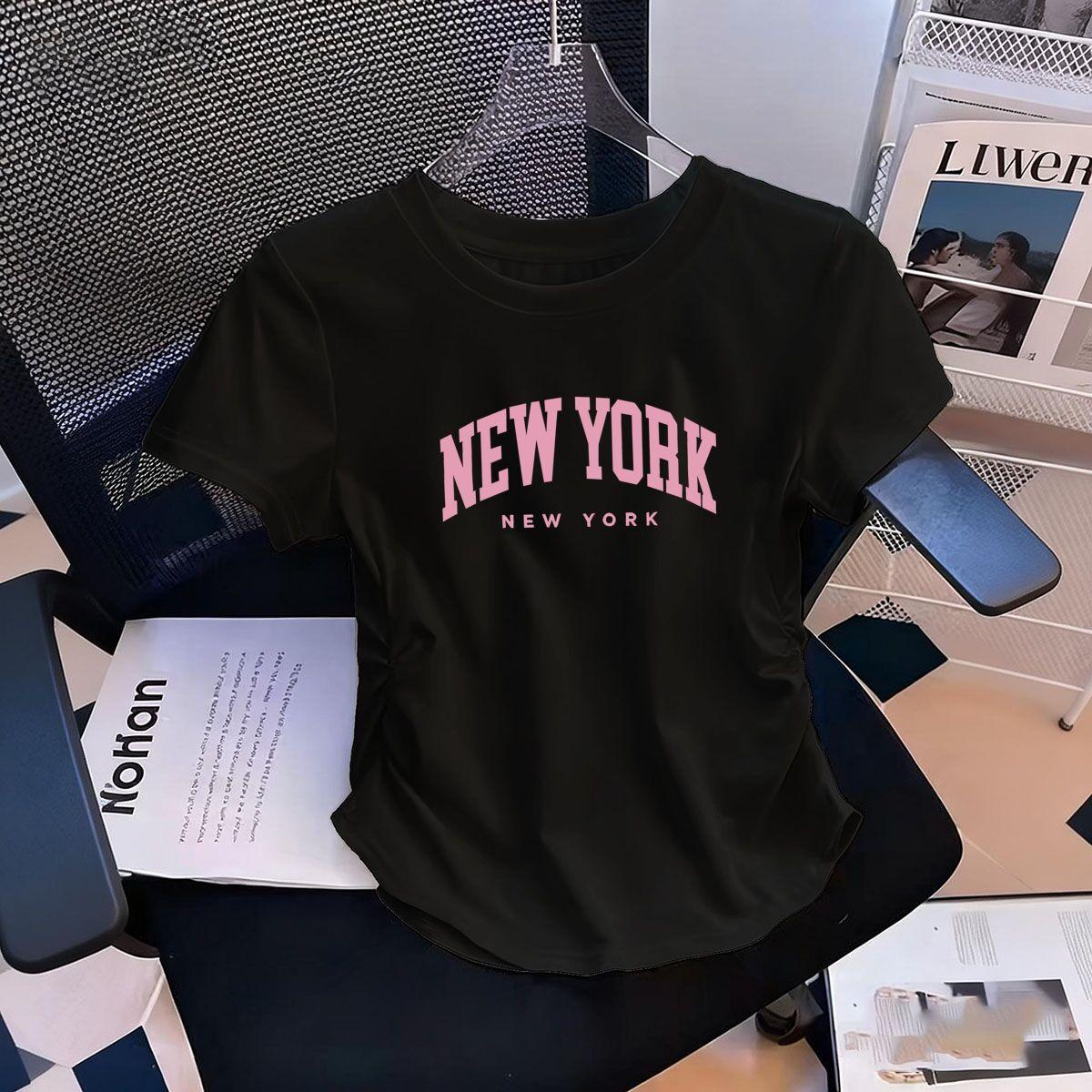

Womens WaistDefining Elastic T Shirt New York Pink printed Short Sleeve Round Neck top tee Harajuku tshirts XL