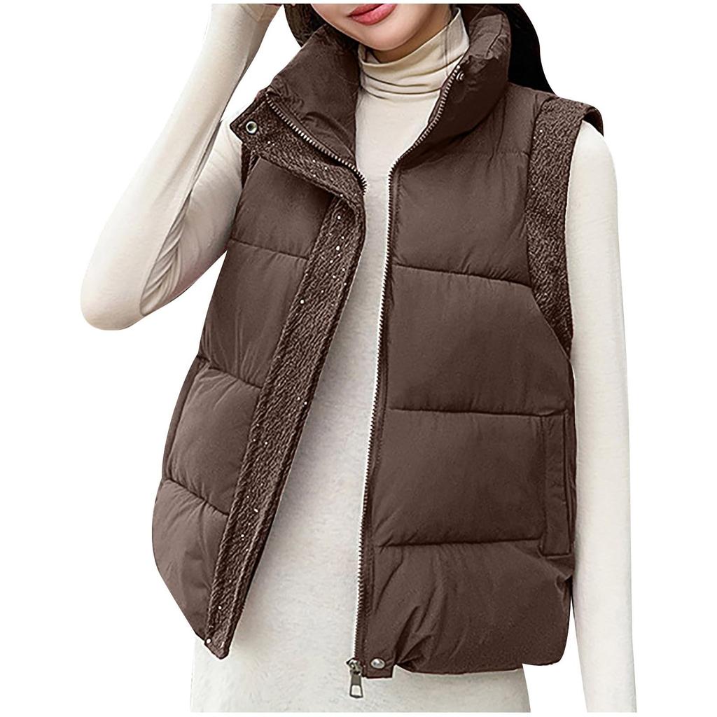 Women's Fashion Casual Puffy Down Jacket With Knitted Sleeves - Solid Color Vest Coat