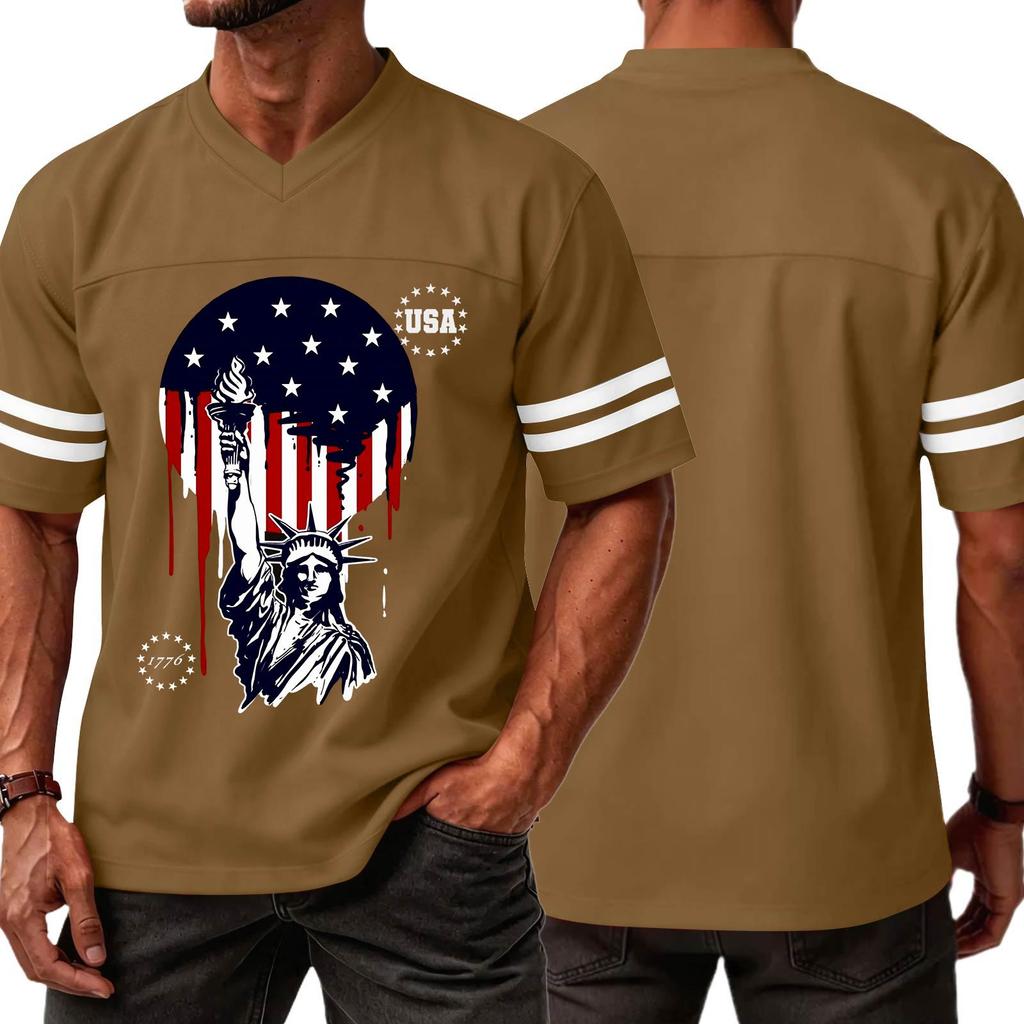 Men's Casual V Neck Short Sleeve Sports T Shirt Independence Day Printed Graphic Tee USA Lettering Athletic Top