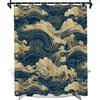 Japanese Wave Shower Curtain Oriental Vintage Wave Monochrome Kanagawa Inspired Antique Art Theme Bathroom Decor Set Machine