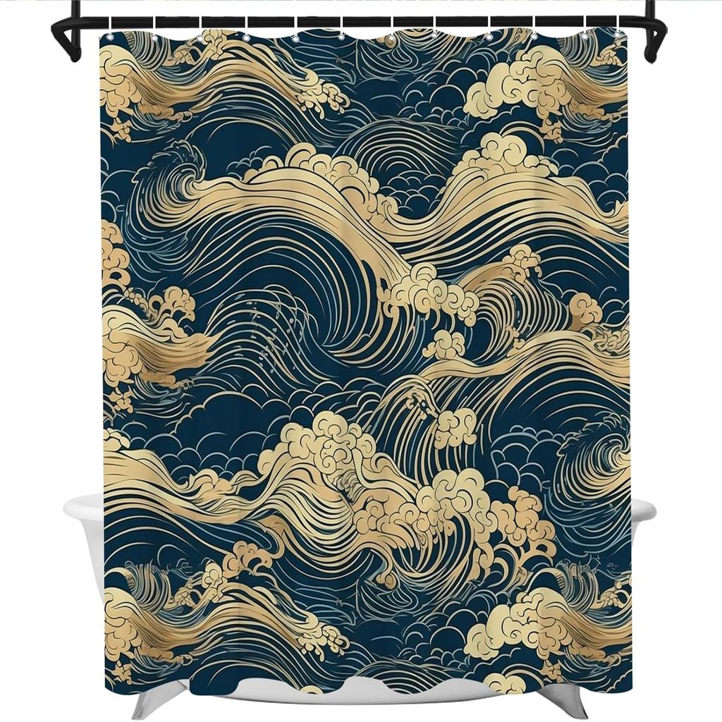 Japanese Wave Shower Curtain Oriental Vintage Wave Monochrome Kanagawa Inspired Antique Art Theme Bathroom Decor Set Machine