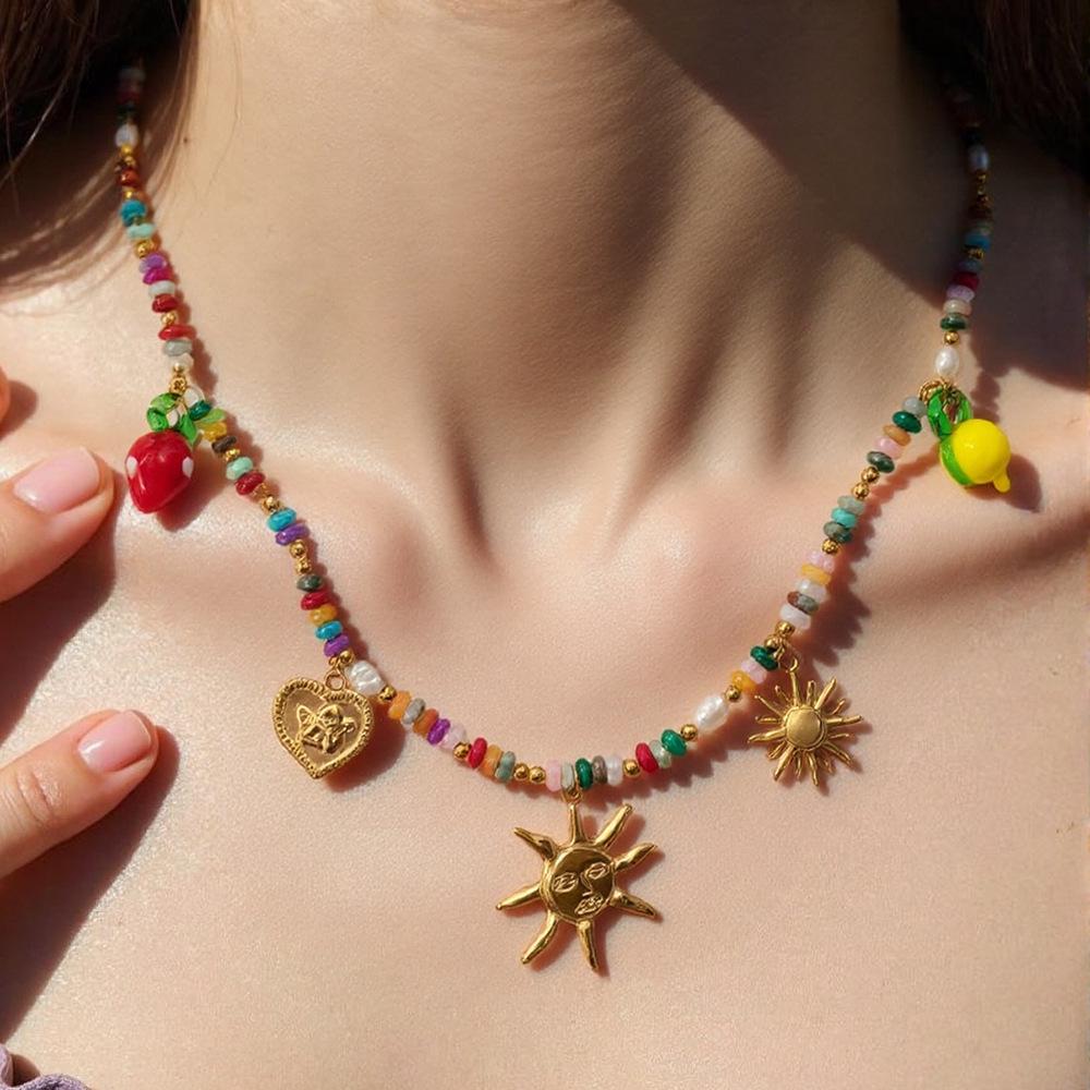European & American Natural Stone Beaded Necklace, Bohemian Retro Style with Beach Elements, 18K Gold Plated for a Summery Touch.