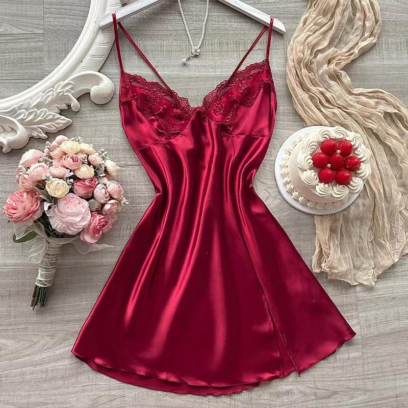 

Последняя женская атласная ночная сорочка с V-образным вырезом и кружевным разрезом, удобная и сексуальная женская пижама XL красный