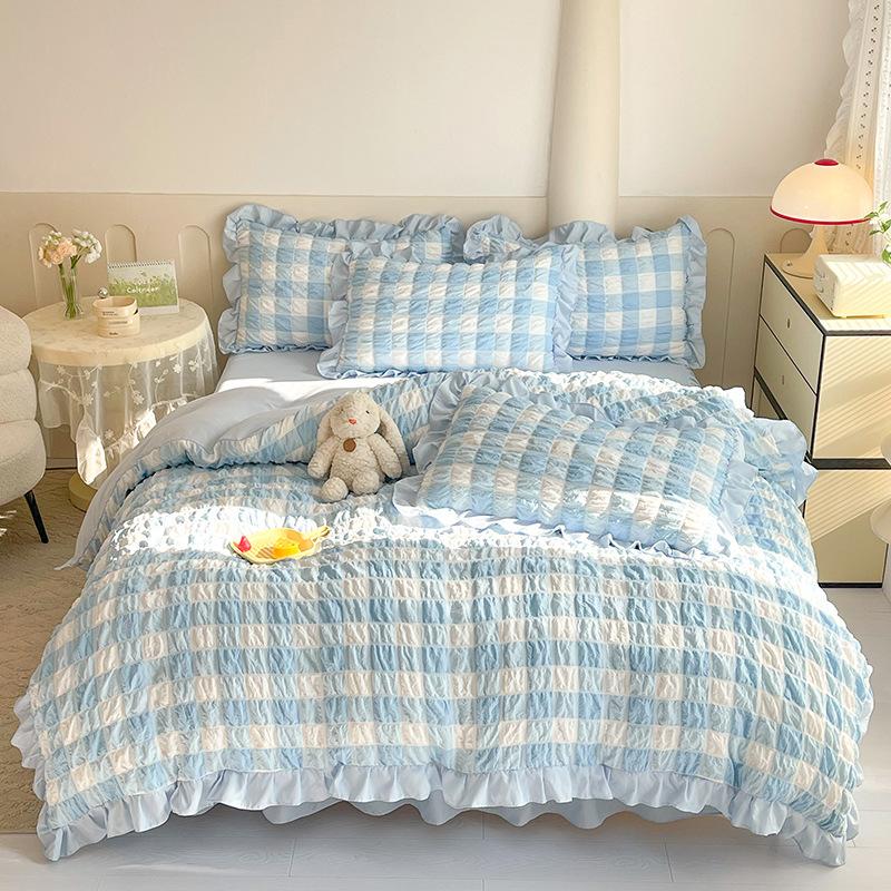 Washed Cotton Plaid Seersucker Bed Four-piece Set, Bed Sheet, Bed Skirt, Quilt Cover, Dormitory Bedding Three-piece Set