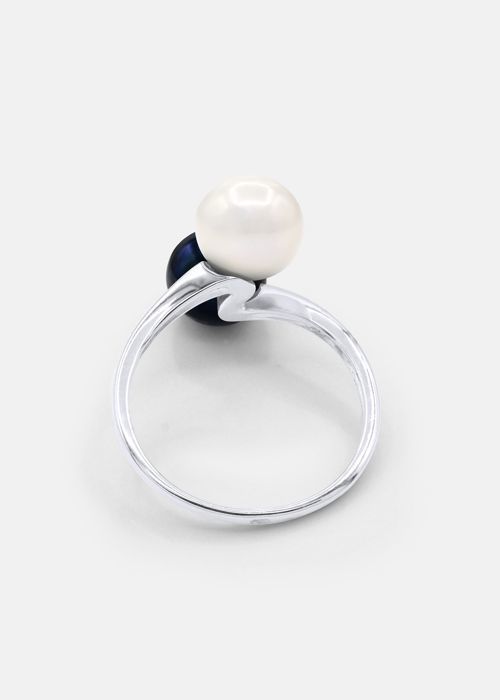 Bague - PERLINEA - Véritables Perles d'Eau Douce 7-8 mm - Or Blanc - Blanc Naturel & Black Tahiti