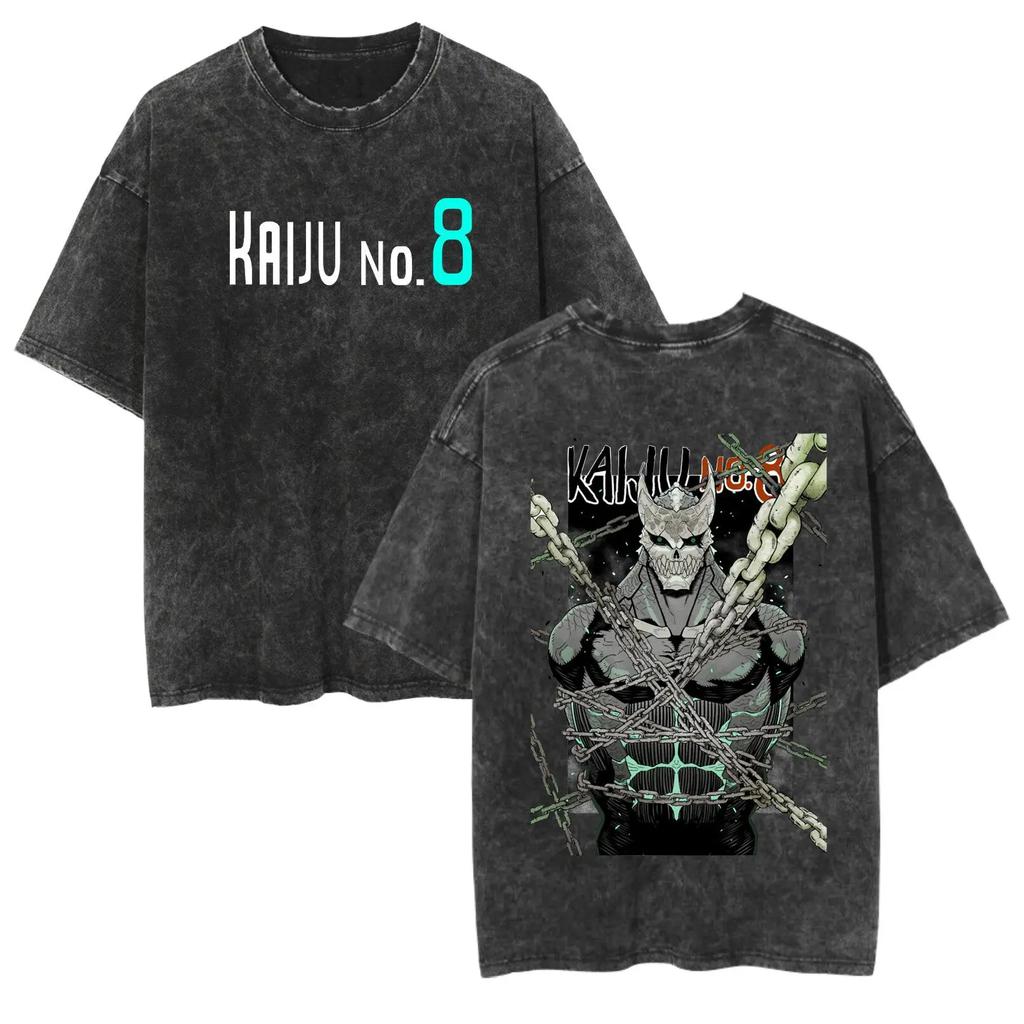 2026 summer Anime Kaiju No.8 Oversized T-shirt, Kafka Hibino Monster Form Print Casual Streetwear Washed Black Tee
