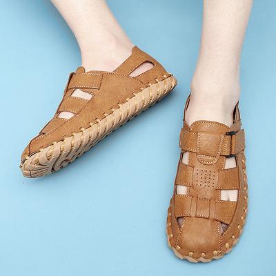 Fashion Classic Flats Leather Men Beach Breathable Sandals Retro Stitching Baotou Casual Sandal Fashion Hand Sewn Thread Hollow Out Shoe